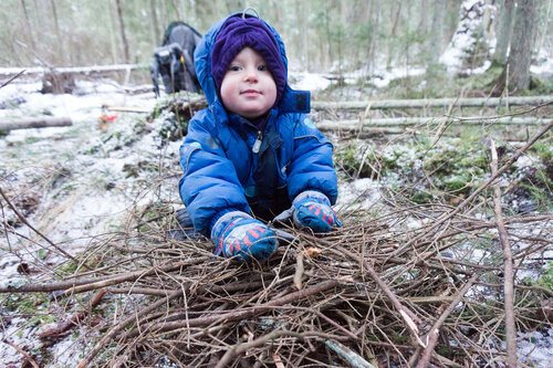a child puts sticks into a fire while hiking in the forest