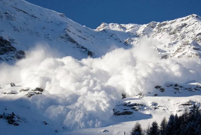 Сход снежной лавины в горах Кавказа