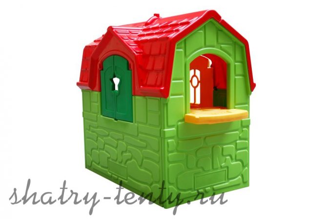 зеленый пластиковый детский домик с красной крышей